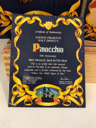 Rare ENESCO WALT DISNEY PINOCCHIO 50TH Anniv.  Mini Jack - in - the - Box SHI 3