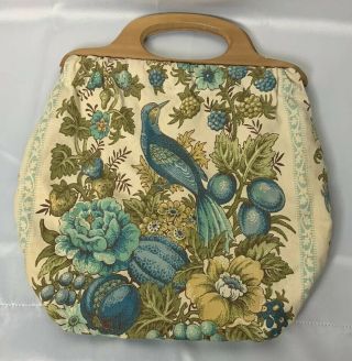Knitting Sewing Darning Bag Wooden Handles Blue Bird Print Gift Travel