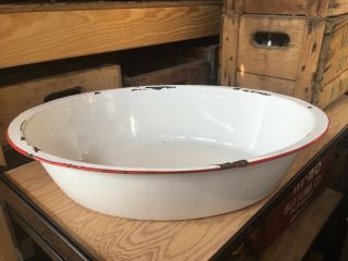 Vintage Enamel Ware Tub Basin Farm House Oval Wash Bowl Pan 17 1/2” White Red 2