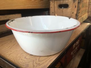 Vintage Enamel Ware Tub Basin Farm House Oval Wash Bowl Pan 17 1/2” White Red 3