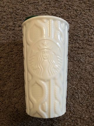 Starbucks 2016 White Siren Cable Knit 10 Oz Ceramic Travel Tumbler With Lid
