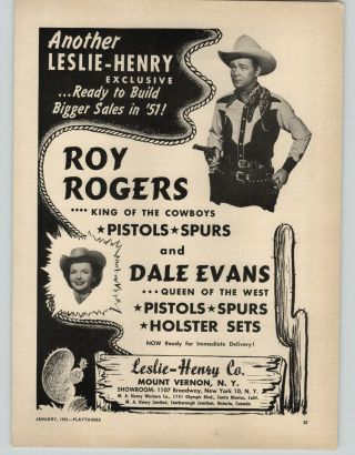 1951 Paper Ad Leslie Henry Toy Cap Guns Holsters Roy Rogers Dale Evans Spurs