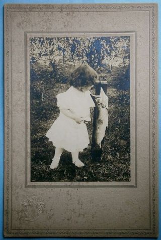 Early Cabinet Photo Of Little Girl Posing With A Very Large Trout,  Early 1900’s