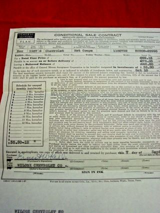 1937 Installment Sales Contract For Chevrolet; Look At The Price Of That Car