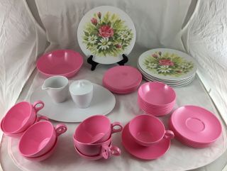 Vintage 44 Piece Prolon Melamine Dish Set Pink Roses White Daisy Dishes