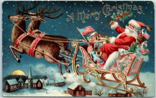 Vintage Christmas Postcard Santa Claus In Flying Sleigh 2 Reindeer - 1907 Cancel