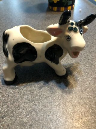Vintage Ceramic Black & White Cow Creamer With Spout Mouth Japan