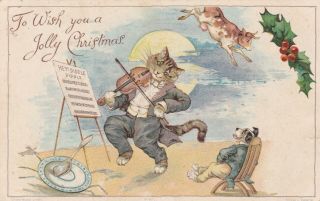 G.  H Thompson (unsign) Cat Plays Fiddle (nursery Rhyme) Xmas Pc