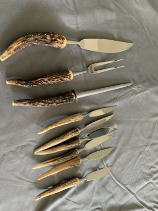 Stag Handle 9 Piece Knife And Carving Set.  Anton Wingen Jr Solingen Germany Othe