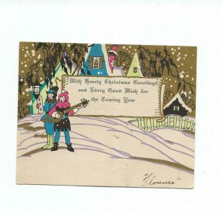 Vtg.  Christmas Card Art Deco Bright Homes Mandolin Player Wispy Trees Gold Sky