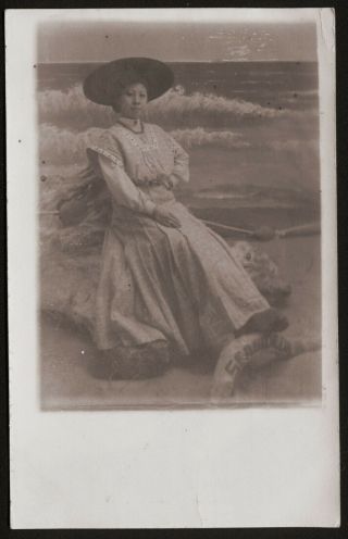Old Photo Postcard,  Rppc,  Pretty Chinese Lady,  Driftwood,  Souvenir,  Seaside,  Oregon