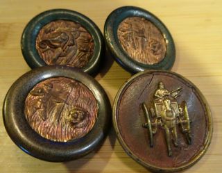 4 Round Larger Buttons 3 Of India Hunting Scenes 1 Of Horse Drawn Carriage