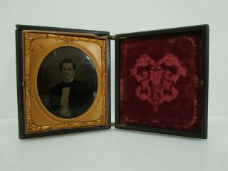 Antique Tin Type Portrait Of Young Man In Victorian Era Metal Frame