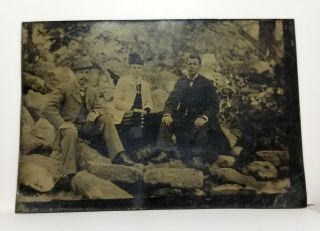 Tintype Two Men,  Woman Sit On Rocks In Forest C.  1870s Rare Outdoor Photo 2