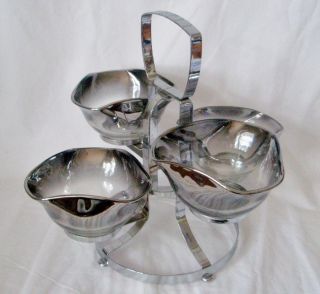Vintage Retro Ombre Silver Fade Glass Bowls 5 Piece Dip Set W Metal Stand 1970 