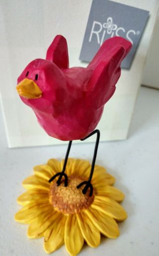 Nib Hand Painted Russ Fine Feathered Friends Figurine Pink Bird & Sunflower
