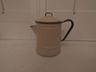 Vintage French Enamel Cream & Green Teapot/coffee Pot Enamelware