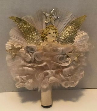 Vintage 1930’s Angel Hair Spun Glass Christmas Angel Tree Topper Gold Foil