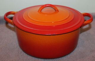 Vintage Le Creuset Cast Iron " C " Enamel Flame Red Pot Marked Lc On Bottom
