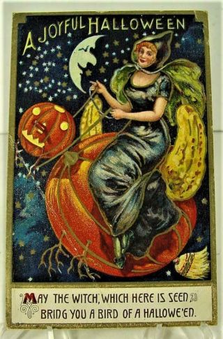 1911 Halloween Witch Riding A Pumpkin Broom Through The Night Sky