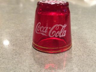 Vtg Coca Cola Advertising Thimble Ruby Red Glass Logo & Retro Bottle