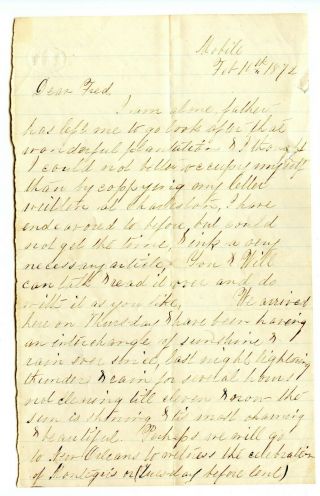 1872 Letter Mobile Al To Friend May Go To Mardis Gras Orleans Description