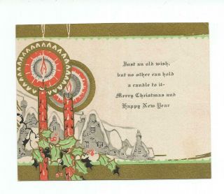 Vtg Christmas Card Art Deco Candles W/holly Berries Homes In Background 1930 