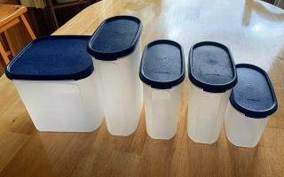 Tupperware Set Of 5 Square Oval Modular Mates Blue Seals Flour Sugar Rice Cereal
