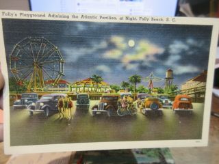 Vintage Old Postcard South Carolina Folly Beach Amusement Park Playground Rides