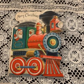 Vintage Greeting Card Christmas Santa Claus In Train Hallmark