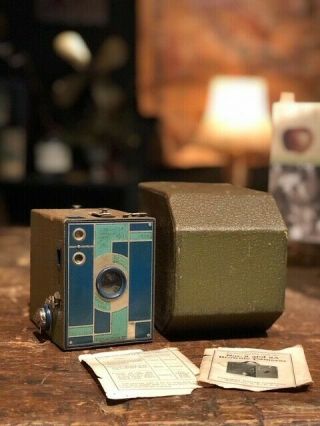 Vintage Art Deco Kodak Beau Brownie Teal/ Green 2 Film Camera W/ Box