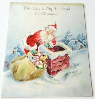 Vintage Christmas Card Hallmark Santa Feather Beard Rooftop Chimney Glitter Snow