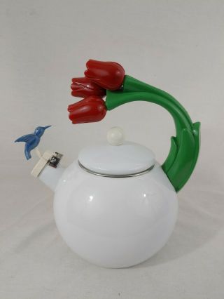 Enamel White Tea Pot Kettle W/tulips Handle And Hummingbird Spout