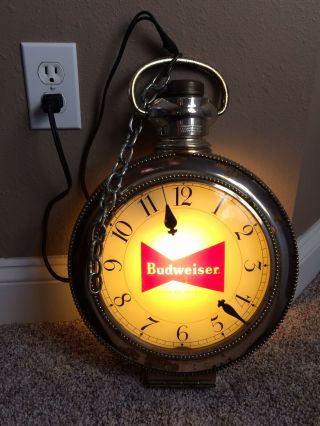 Vintage Budweiser Lighted Pocket Watch Clock Hanging Sign Made In Usa Rotating