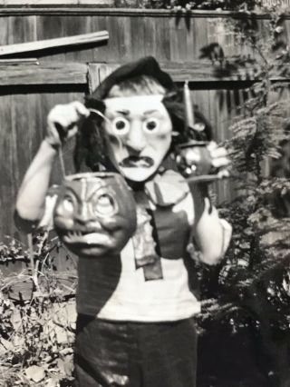 C1939 Boy W Scary Halloween Mask Costume W Paper Mache Pumpkin,  Candle Photo
