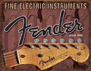 Fender Stratocaster Tin Sign Metal Vintage Guitar Studio Wall Art Poster Ad