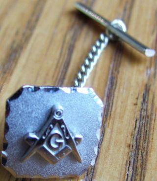 Vintage STERLING SILVER Freemason Tie Tack Pin With T Bar Tee And Chain Masonic 2