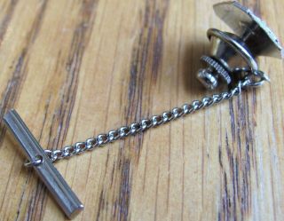 Vintage STERLING SILVER Freemason Tie Tack Pin With T Bar Tee And Chain Masonic 3