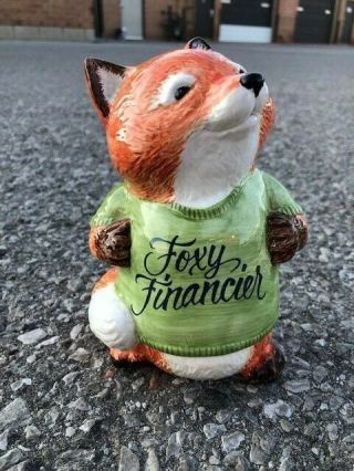 1981 Hallmark Shirt Tales Ceramic Figurine Fox Piggy Bank Ceramic Foxy Financier