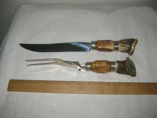 2 - Pc.  Set Of Vintage Carving Knife & Fork Set Stag Handles