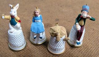 Set Of 4 Hallmark Alice In Wonderland Ornament Thimbles Complete 1995 - 1998