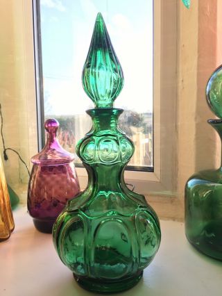 Green Gourded Vintage Mcm Italian Empoli Glass Genie Bottle Decanter 1960’s