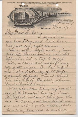 1908 Two Page Letter On Letterhead From The Oxford Hotel Denver Colorado