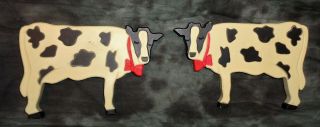 Two Vintage 6 " Plastic Cows Wall Decor Plaques White Black Spotted Red Bows