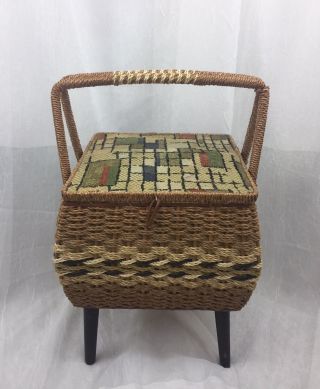 Vintage Pin Cushion Top Woven Wicker Sewing Knitting Crochet Basket Box