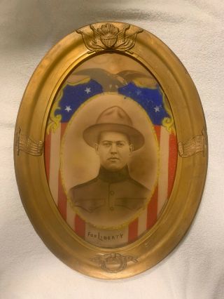 Vintage Ww I Memorial Framed Color Chalk Portrait Of Soldier