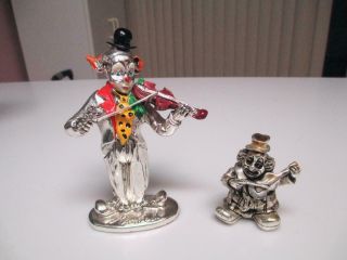 2 Sterling Silver Clowns Playing The Violin Figurines - - One Signed " Manuel "