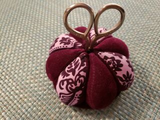 Round Pin Cushion,  Fabric With Scissors Maroon Color, .