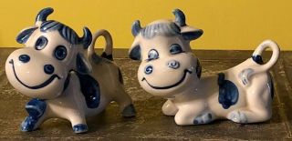 Vintage Blue & White Cow Figurines Mid Century Baby Bulls Cows Delft Holland