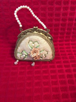 Vintage Gold Accent Beaded And Fabric Decorated Purse Pin Cushion